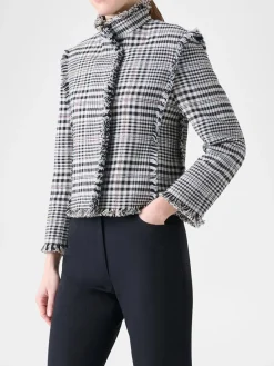 Akris Punto Check Fringe Hem Cropped Jacket in Cream/Black