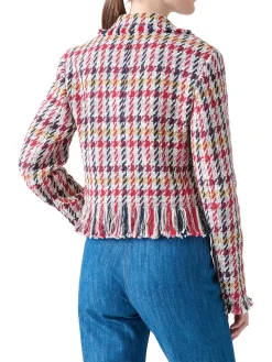 Akris Punto Houndstooth Tweed Fringe Trim Blazer in Cream Multi