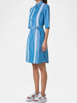 Akris Punto Pajama Stripe Collared Dress in Medium Blue/Cream