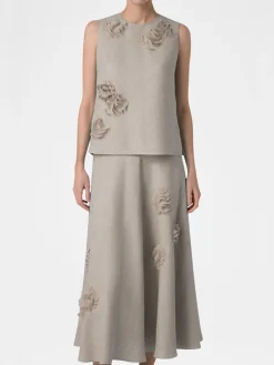 Akris Punto Raw Linen 3D Carnation Midi Skirt in Chalk