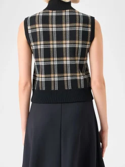 Akris Punto Sleeveless Plaid Jacquard Zip Sweater in Black/Cream/Camel