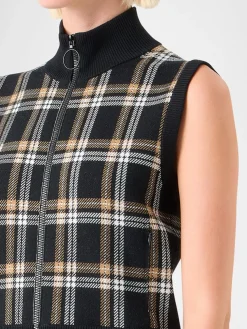 Akris Punto Sleeveless Plaid Jacquard Zip Sweater in Black/Cream/Camel