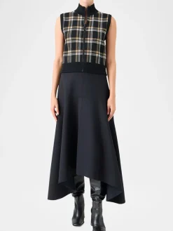 Akris Punto Sleeveless Plaid Jacquard Zip Sweater in Black/Cream/Camel