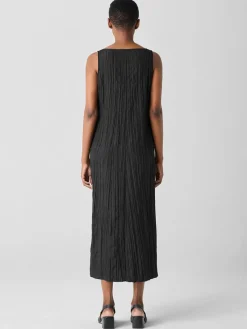 Eileen Fisher Crushed Silk V-Neck Dress in Black