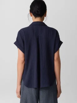 Eileen Fisher Organic Cotton Lofty Gauze Notch Collar Top in Ink
