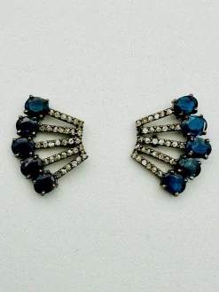 JMNYC Designs Blue Sapphire Diamond Sterling Silver Post Earring