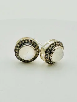 JMNYC Designs Rainbow Moonstone & Diamond Stud Earring With Polished Sterling Silver