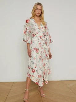 L'Agence Miki Silk Dress in Ivory Multi Watercolor Dusty Floral