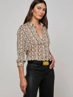 L'Agence Nina Silk Blouse in Ecru Multi Geo Print