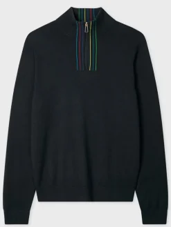 Paul Smith Merino Wool Sports Stripe Half Zip in Black