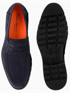 Santoni Rock Suede Lug Sole Penny Loafers in Navy