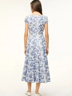STAUD Wells Short Sleeve Dress in Blue Toile