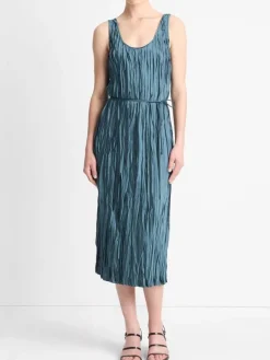 Vince Crushed Satin Bias Tank Dress in Marine Stone