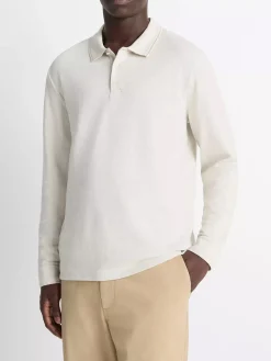 Vince Heathered Double-Face Cotton-Blend Polo Shirt in Heather Blanco/Terrapin