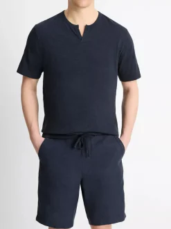 Vince Slub Cotton Split-Neck T-Shirt in Coastal Blue