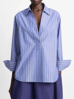 Vince Striped Cotton Relaxed Popover Shirt in Pale Twilight