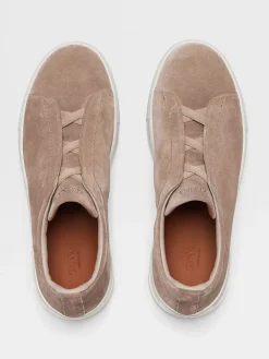 Zegna Beige Suede Triple Stitch Low Top Sneaker